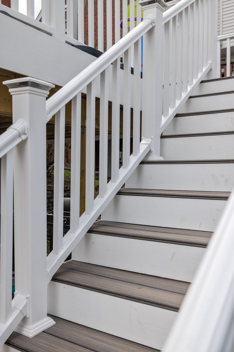 Composite deck stairs white railing
